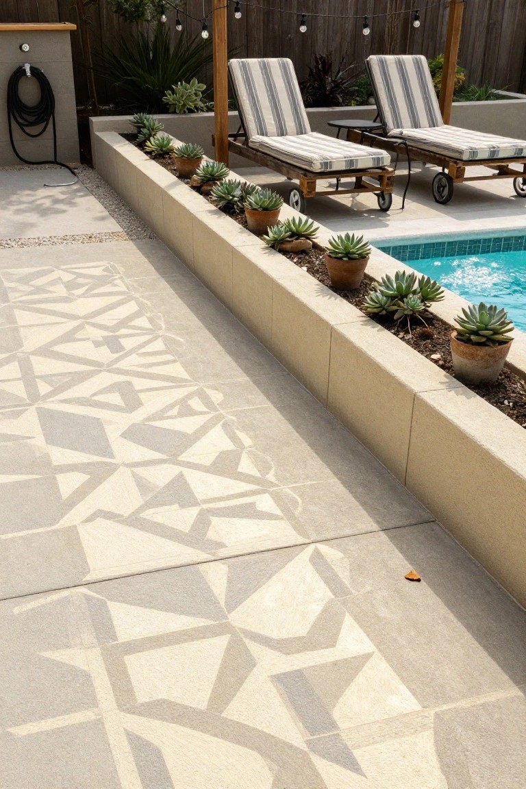 Pool deck with light gray geometric patterned concrete pavers along a raised beige planter wall lined with potted succulents, two striped lounge chairs on wheels, turquoise pool with bubbles, black hose on wall, and wooden fence with string lights in background.
