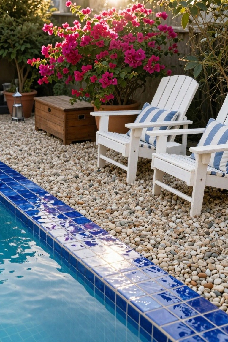 Two white Adirondack chairs with blue striped cushions on a light-colored pebble gravel surface next to a blue-tiled swimming pool edge, with pink bougainvillea bushes, potted plants, and a wooden box nearby in a backyard setting.