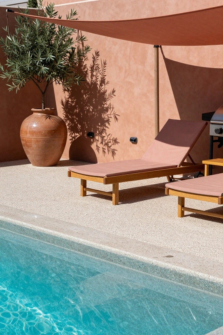 Light pebble aggregate pool deck with two angled wooden chaise lounges in pink cushions, large terracotta pot holding an olive tree, pink shade sail overhead, barbecue grill, and turquoise pool water.