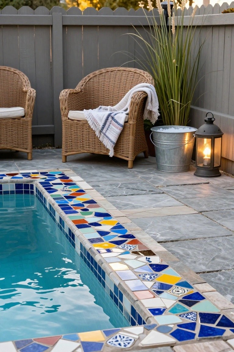 Wicker chairs with blanket beside colorful mosaic-tiled swimming pool at dusk.