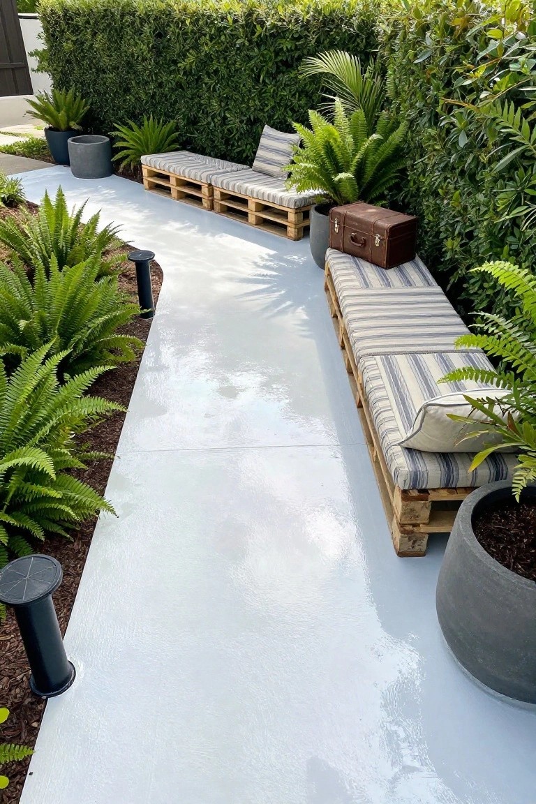 Concrete pathway flanked by wooden pallet benches with striped cushions, surrounded by ferns, potted plants, and a tall green hedge wall.