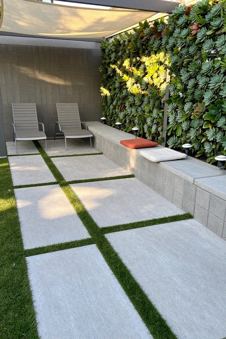 Outdoor patio featuring large gray pavers in a grid pattern separated by narrow strips of green turf, with two lounge chairs, a bench with cushions, a succulent-covered wall, shade sail above, and low lights.