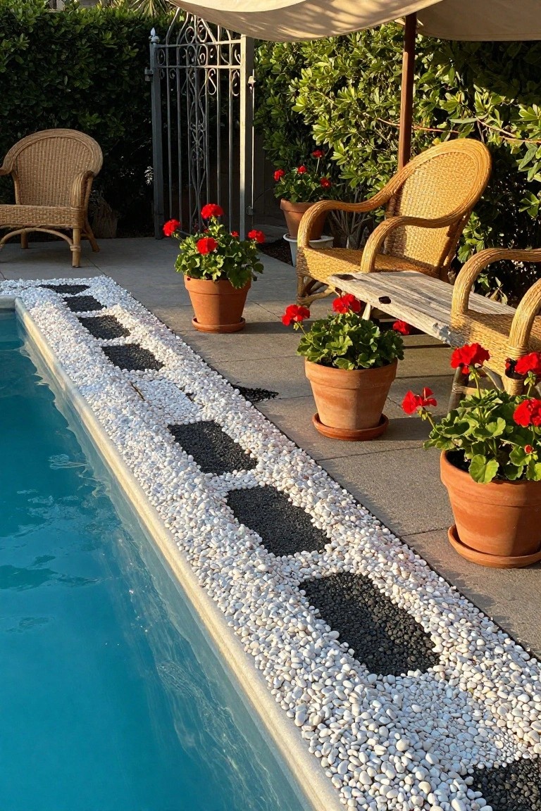 Pool edge with mosaic pattern of white pebbles and black pebble squares, lined by terracotta pots of red geraniums, wicker chairs, and a bench nearby.