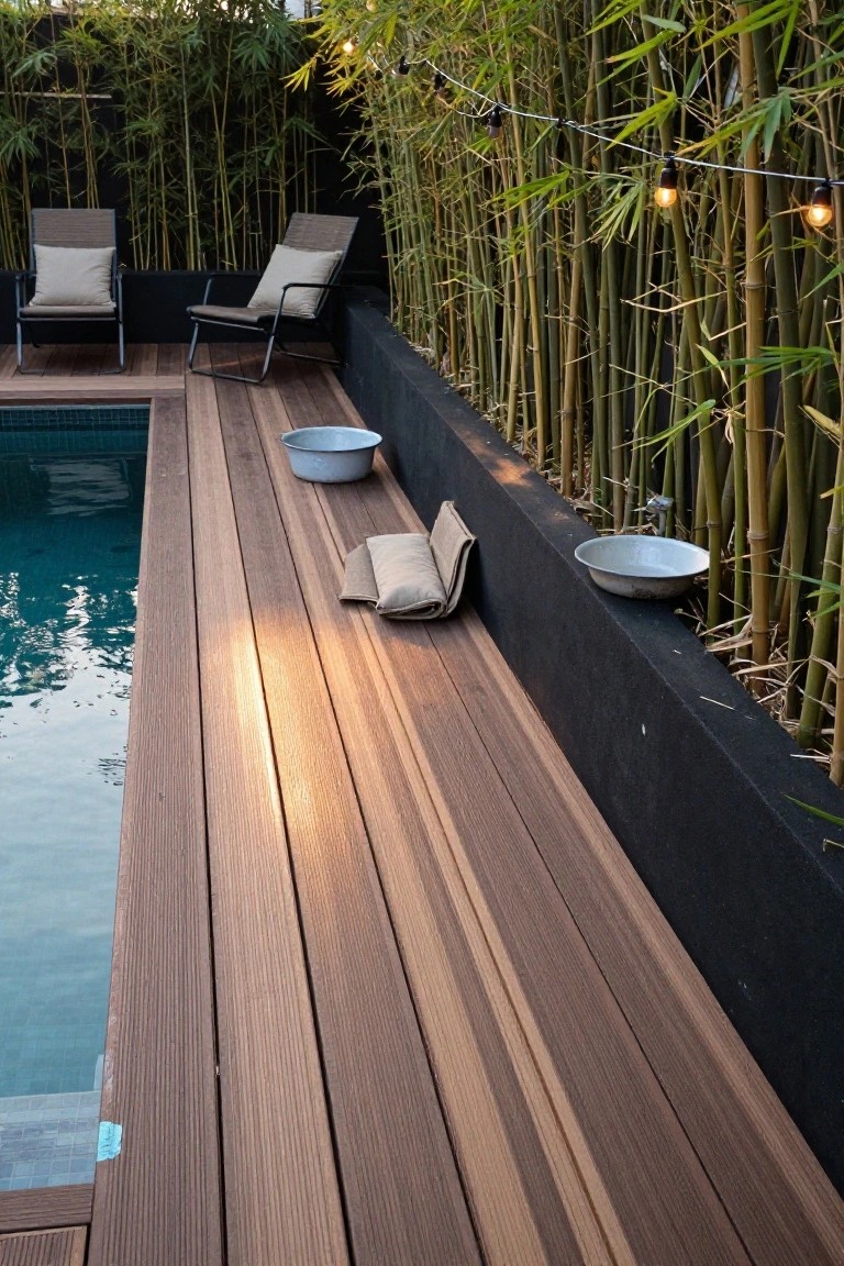Wooden deck bordering a small tiled pool, with tall green bamboo privacy screen along the edge, two lounge chairs, white bowls, and beige towels on the deck.