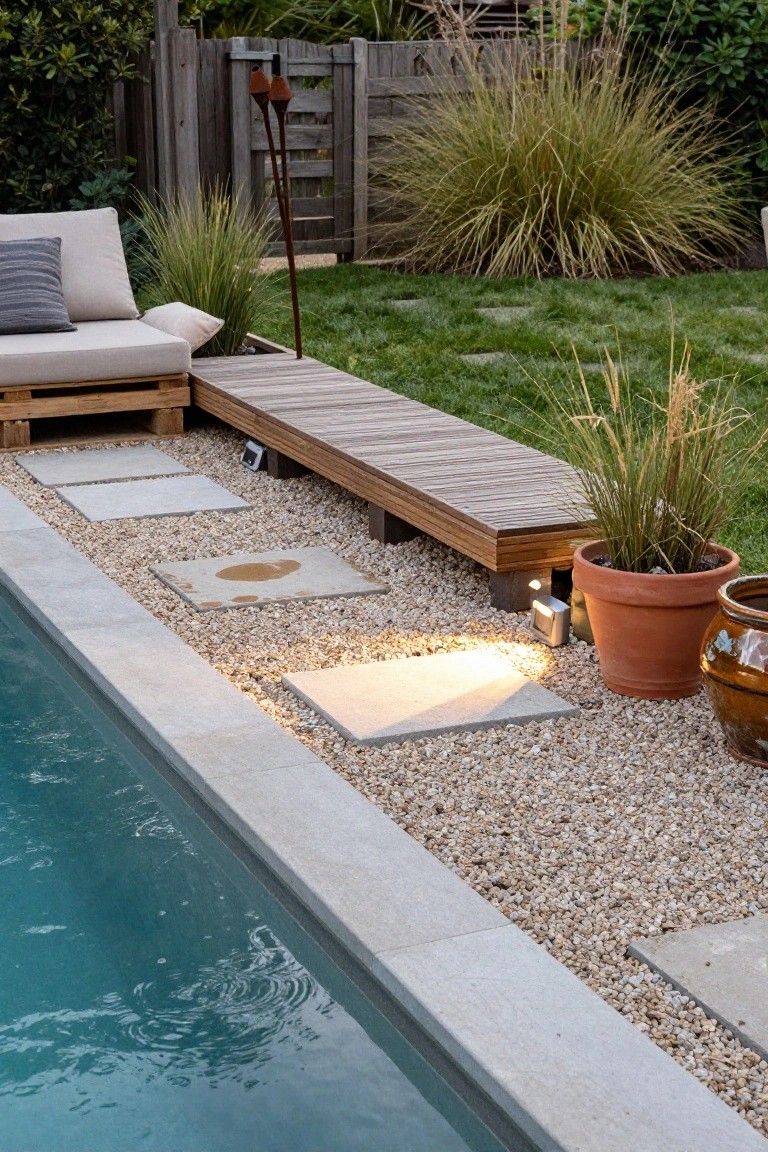 Wooden platform bench along the edge of a turquoise pool, surrounded by light gravel, square stone pavers, potted grasses, and taller ornamental plants.