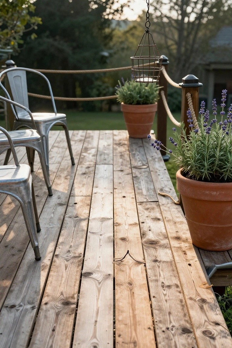 Wooden deck planks with two empty silver metal chairs, terracotta pots holding lavender plants, rope railings on wood posts, and a hanging wire basket lantern near a grassy yard.
