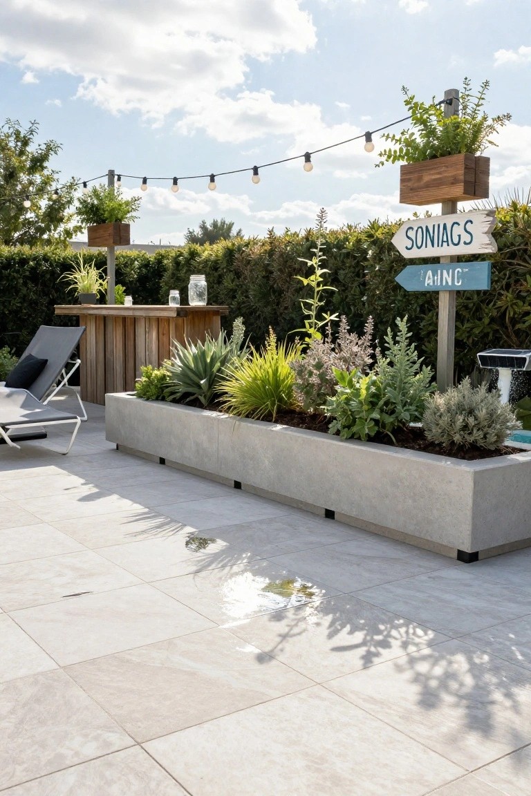 Pool deck with wooden bar counter, lounge chair, large gray concrete planter box filled with various plants and succulents, string lights strung overhead, and wooden signs near green hedges.
