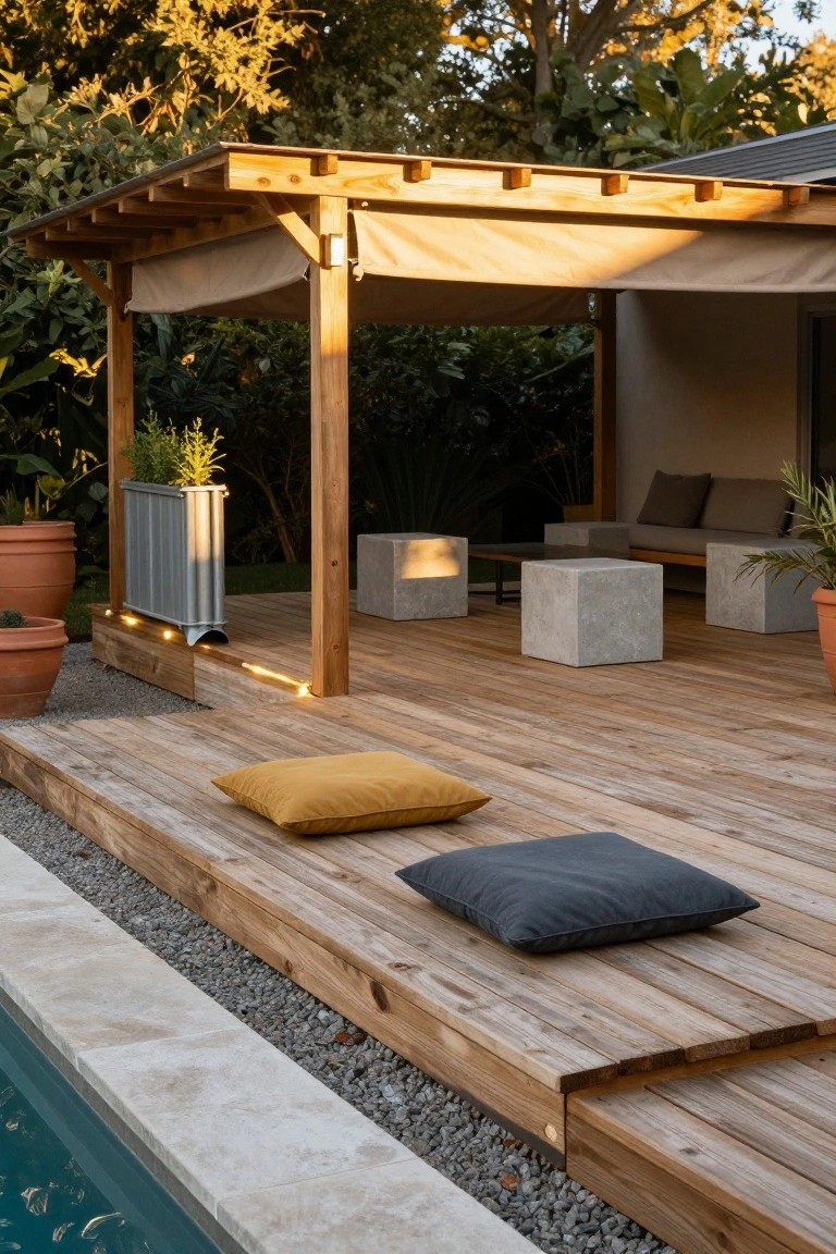 Raised wooden deck next to a turquoise pool edged in stone, featuring large yellow and gray floor cushions, gray concrete cube seats and tables, potted plants, and a wooden pergola with beige canopy in a lush garden setting.