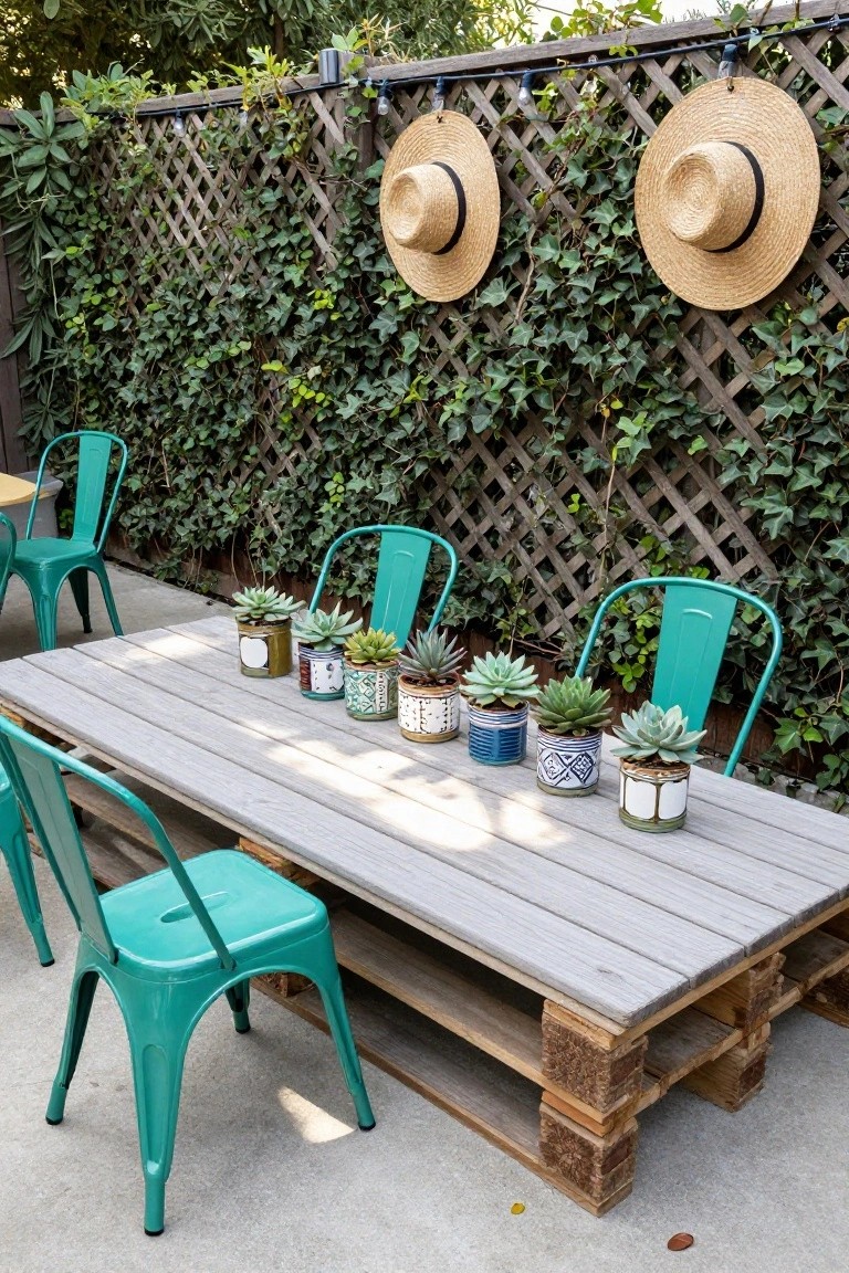 Outdoor patio on concrete with a gray pallet wood table holding colorful potted succulents, surrounded by turquoise metal chairs, against an ivy-covered lattice fence with string lights and hanging straw hats.