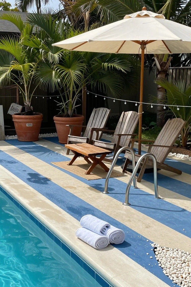 Pool deck with blue and white stripes next to a turquoise pool, featuring wooden Adirondack chairs, low table, white umbrella, potted palms, and rolled white towels by the edge.