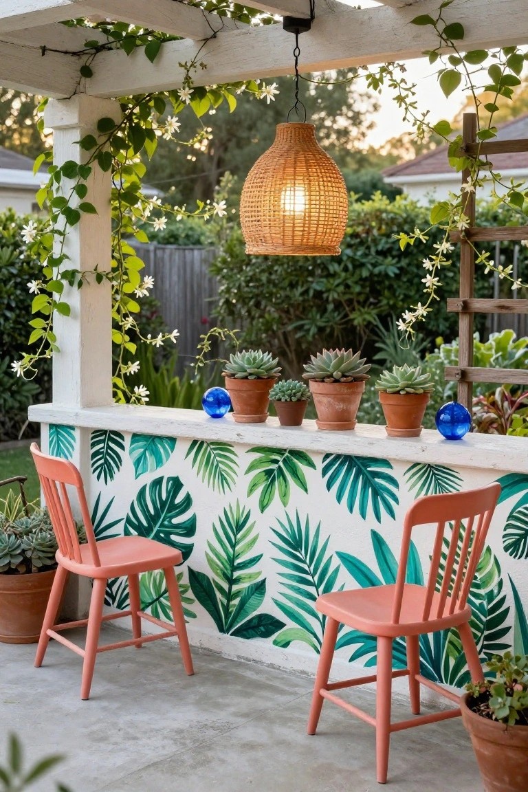 Outdoor bar counter under a vine-covered pergola with a wall painted in large green tropical leaves, potted succulents and blue glass orbs on the counter, two coral chairs, and a hanging woven lantern.