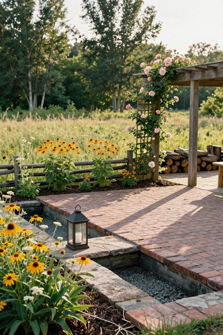 21 Creative Stock Pond Pool Ideas For Nature Loving Yards Brick patio edged with a small rectangular gravel-bottom pond in a stone wall, surrounded by yellow black-eyed Susan flowers and white blooms, a metal lantern, pink climbing roses on a wooden arbor and trellis, split-rail fence, wood stack, and bench against a meadow and trees.