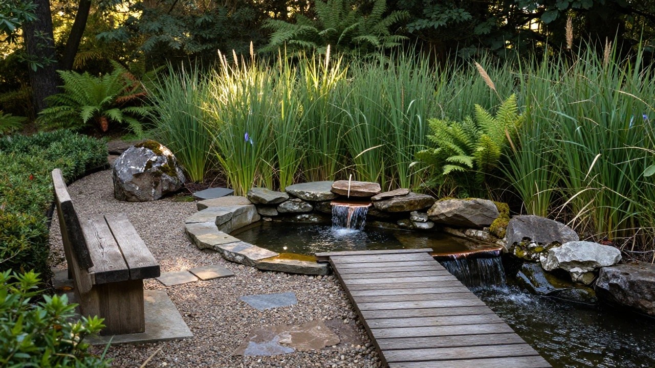 A small garden pond with purple iris plants along the edge, a copper pipe waterfall over stacked stones, wooden bridge crossing above the water, gravel path, and surrounding ferns and rocks.