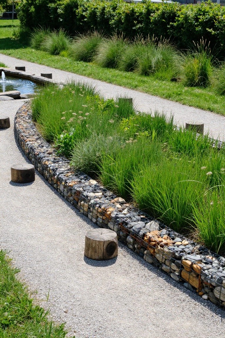 21 Creative Stock Pond Pool Ideas For Nature Loving Yards Gravel path beside a curved low gabion wall filled with assorted rocks and topped with grasses and plants, with tree stump seats spaced along the edge and a small stone-lined pond nearby.