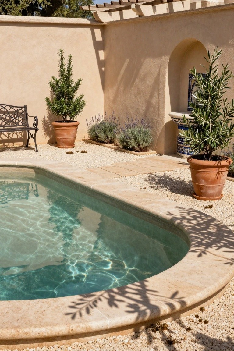 21 Creative Stock Pond Pool Ideas For Nature Loving Yards Curved turquoise pool with beige stone edging in a gravel courtyard surrounded by terracotta pots holding olive trees and conifers, lavender plants, a wrought iron bench, tiled niche, and stucco walls with pergola.