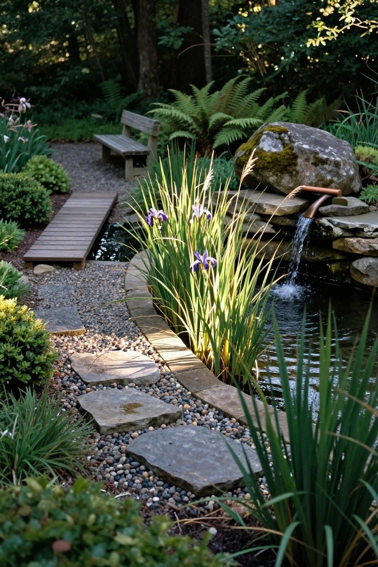 21 Creative Stock Pond Pool Ideas For Nature Loving Yards A small garden pond with purple iris plants along the edge, a copper pipe waterfall over stacked stones, wooden bridge crossing above the water, gravel path, and surrounding ferns and rocks.