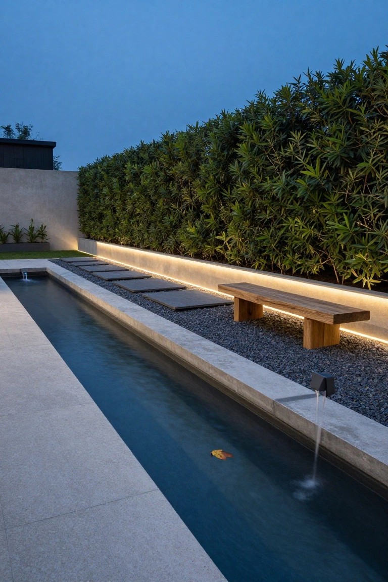 21 Creative Stock Pond Pool Ideas For Nature Loving Yards Narrow rectangular reflecting pool with flowing water at one end and a yellow leaf floating on the surface, wooden bench on gravel beside it, LED strip lights along edges, steps, hedges, and stone walls in a backyard at dusk.