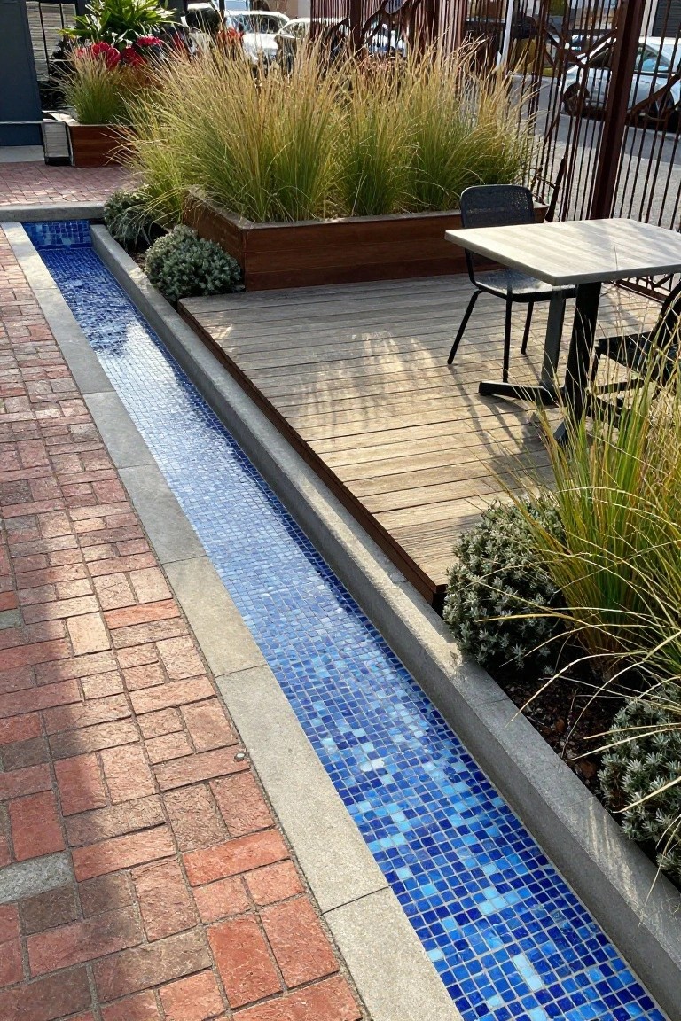21 Creative Stock Pond Pool Ideas For Nature Loving Yards Narrow blue mosaic-tiled water channel runs parallel to a brick-paved path, flanked by wooden decking with a table and chairs, raised planters with grasses and shrubs, and metal fencing in the background.