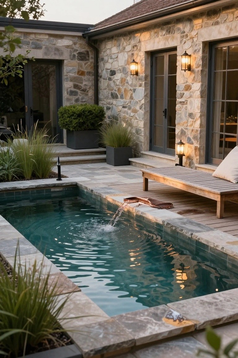 21 Creative Stock Pond Pool Ideas For Nature Loving Yards Narrow rectangular pool with green tiles and a fountain in a stone-walled outdoor courtyard, wooden bench on deck nearby with cushions and flip-flops, surrounded by grasses and lanterns on stone walls.