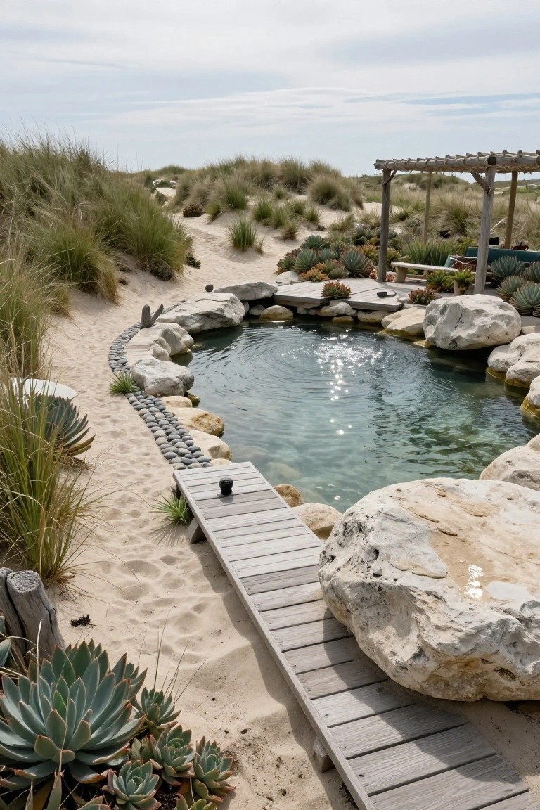 21 Creative Stock Pond Pool Ideas For Nature Loving Yards Curved natural pool with large white boulders along the edges and pebble lining, set amid sandy dunes with beach grasses, agaves, and succulents, and a wooden walkway extending to the water under a pergola structure.