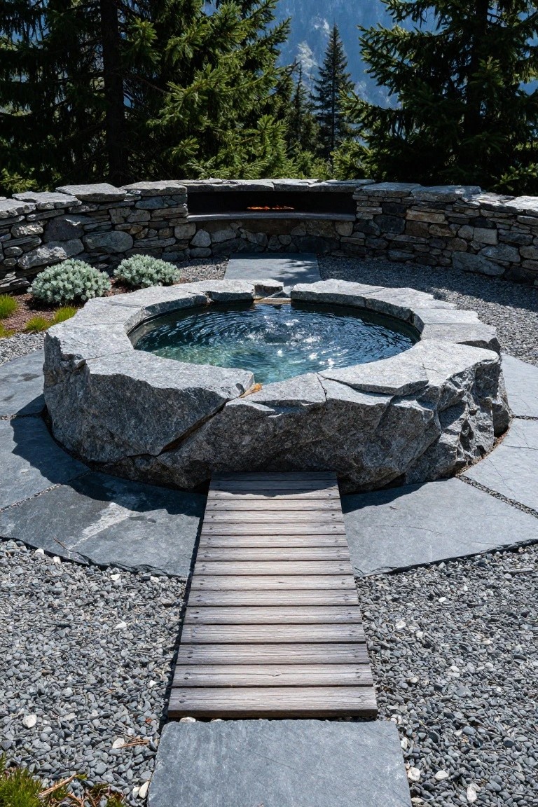 21 Creative Stock Pond Pool Ideas For Nature Loving Yards Circular gray stone-lined hot tub with clear bubbling water, accessed by a wooden footbridge over slate and gravel, adjacent to a stone fire feature, surrounded by alpine plants, rocks, trees, and distant mountains.