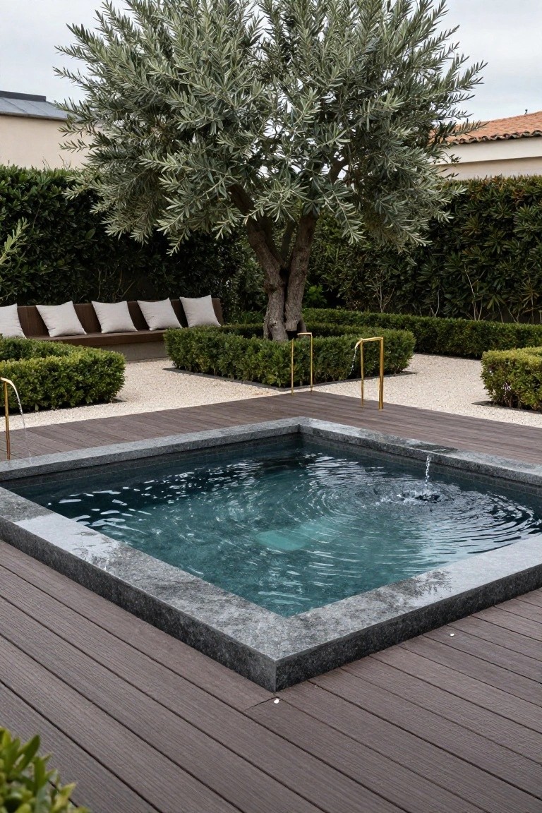 21 Creative Stock Pond Pool Ideas For Nature Loving Yards Square plunge pool with dark granite edges set into brown wood decking, water cascading from two gold faucets, surrounded by boxwood hedges, gravel paths, cushioned benches, and an olive tree in a walled courtyard.