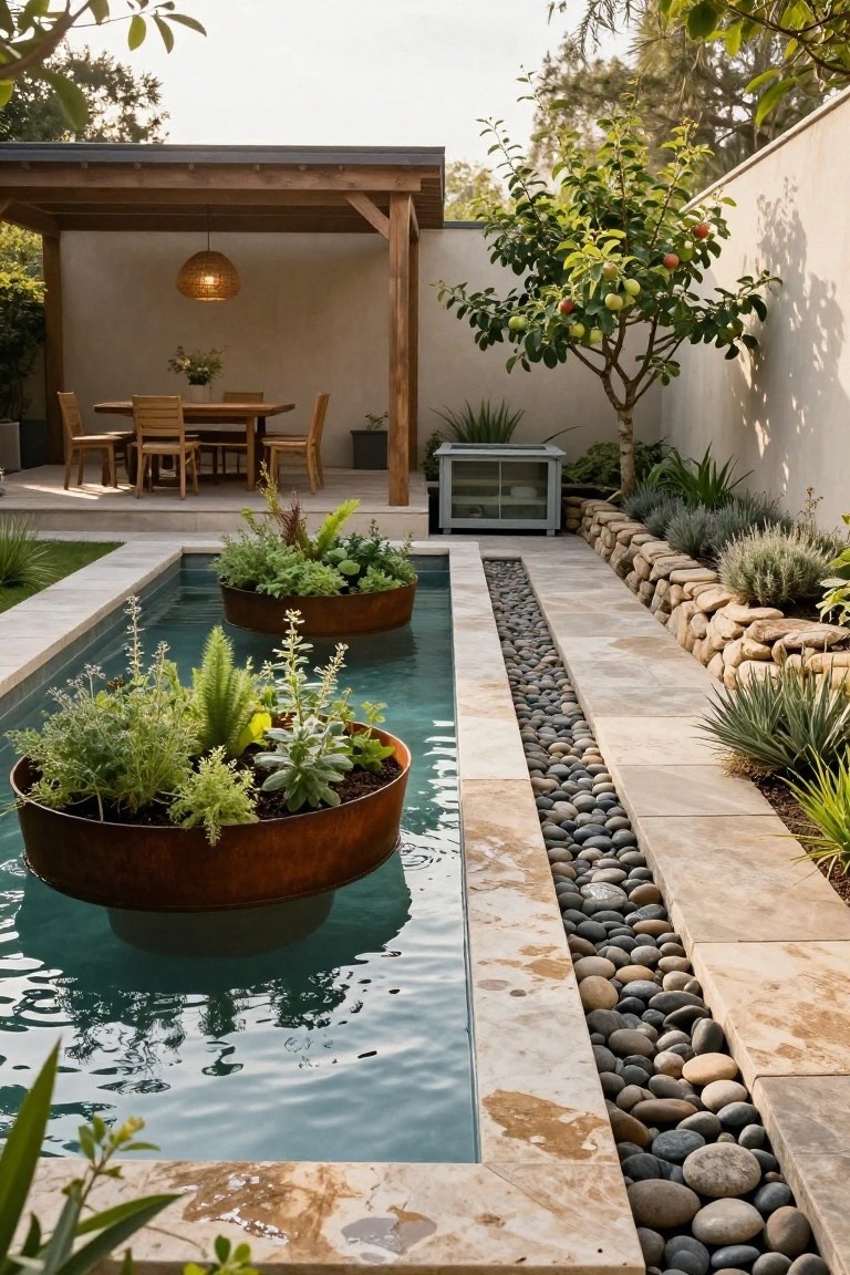 21 Creative Stock Pond Pool Ideas For Nature Loving Yards Narrow rectangular pool with two large rusted metal planters filled with green plants and succulents floating in the turquoise water, edged by pebble-filled trenches and stone paths, adjacent to a wooden pergola with dining table and surrounding landscaping.