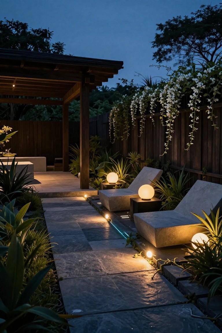 21 Creative Stock Pond Pool Ideas For Nature Loving Yards Twilight photo of an outdoor terrace with two low gray concrete chaise lounges facing each other, white globe lamps on black cube tables beside them, slate stone path lit by recessed lights running parallel to a narrow glowing water channel, surrounded by agave plants, wooden pergola, and white flowering vines on a dark fence.
