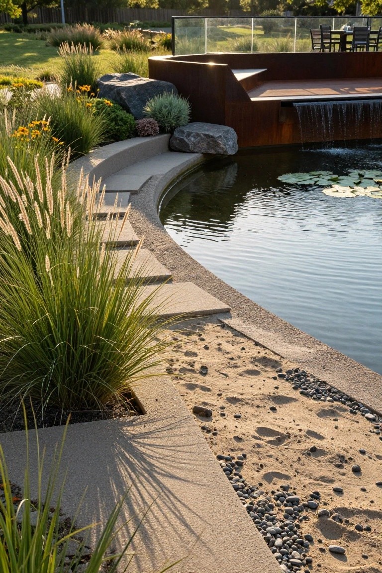 21 Creative Stock Pond Pool Ideas For Nature Loving Yards Curved pond with water lilies and dark water, edged in concrete with a sandy beach strip containing footprints, bordered by gravel and ornamental grasses, large rocks, and steps nearby.