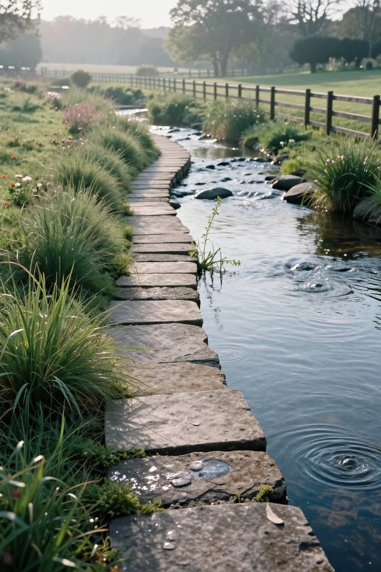 21 Creative Stock Pond Pool Ideas For Nature Loving Yards Irregular flat stone stepping stones form a pathway across a shallow stream bordered by tall green grasses and wildflowers, with rocks in the water, a wooden fence, trees, and a field in the background.
