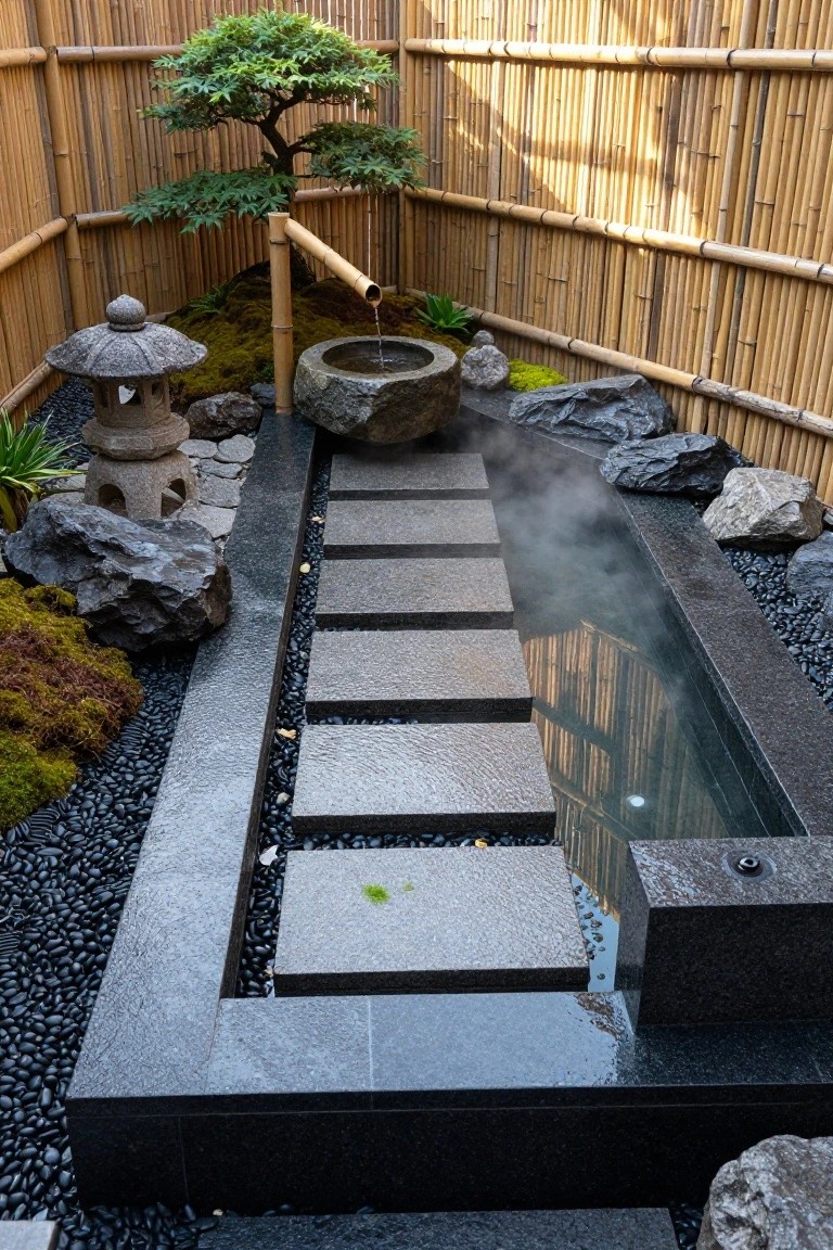 21 Creative Stock Pond Pool Ideas For Nature Loving Yards A rectangular black stone-lined pool with steam rising from the water, gray stepping stones across its surface, surrounded by boulders, moss, black pebbles, a stone lantern, bonsai tree, and bamboo fencing in a Japanese garden.