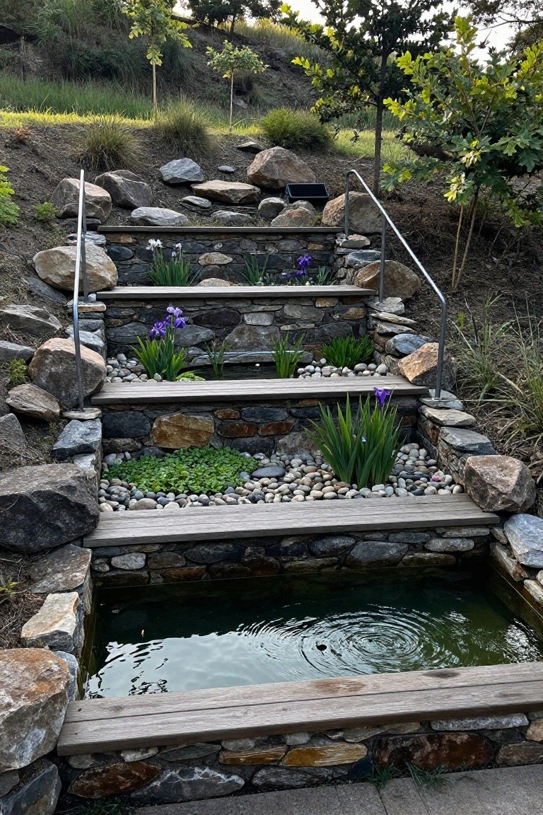 21 Creative Stock Pond Pool Ideas For Nature Loving Yards Stone terraced steps on a hillside with integrated iris plants, pebbles, and rock walls leading down to a small rectangular pond with wooden edges and rippling green water.