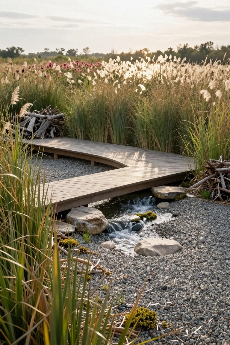 21 Creative Stock Pond Pool Ideas For Nature Loving Yards Curved wooden boardwalk path winding through tall pampas grass and reeds, crossing over a small stream with rocks, gravel, and driftwood below in a natural landscape.