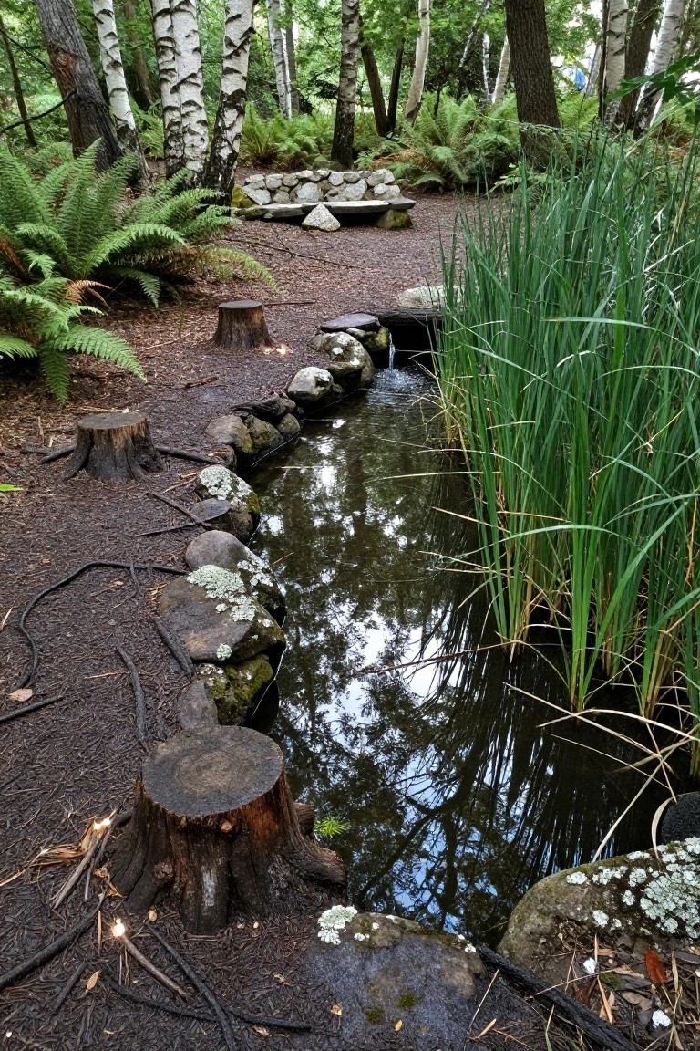 21 Creative Stock Pond Pool Ideas For Nature Loving Yards A meandering stream edged with mossy stones and bordered by green reeds and ferns, with tree stumps and a mulched path in a birch woodland garden.