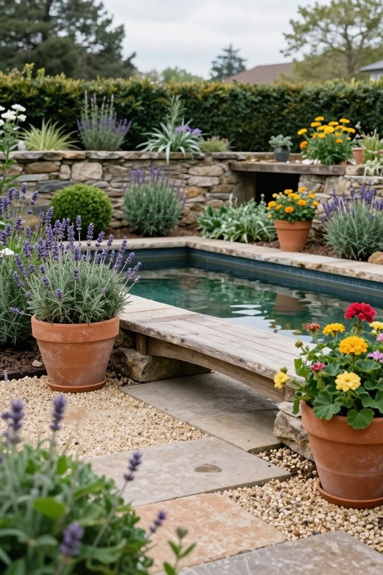 21 Creative Stock Pond Pool Ideas For Nature Loving Yards Narrow turquoise pool with clear water in a garden, crossed by a wooden footbridge, surrounded by stone walls, gravel paths, terracotta pots of lavender and other plants, and boxwoods against a hedge backdrop.