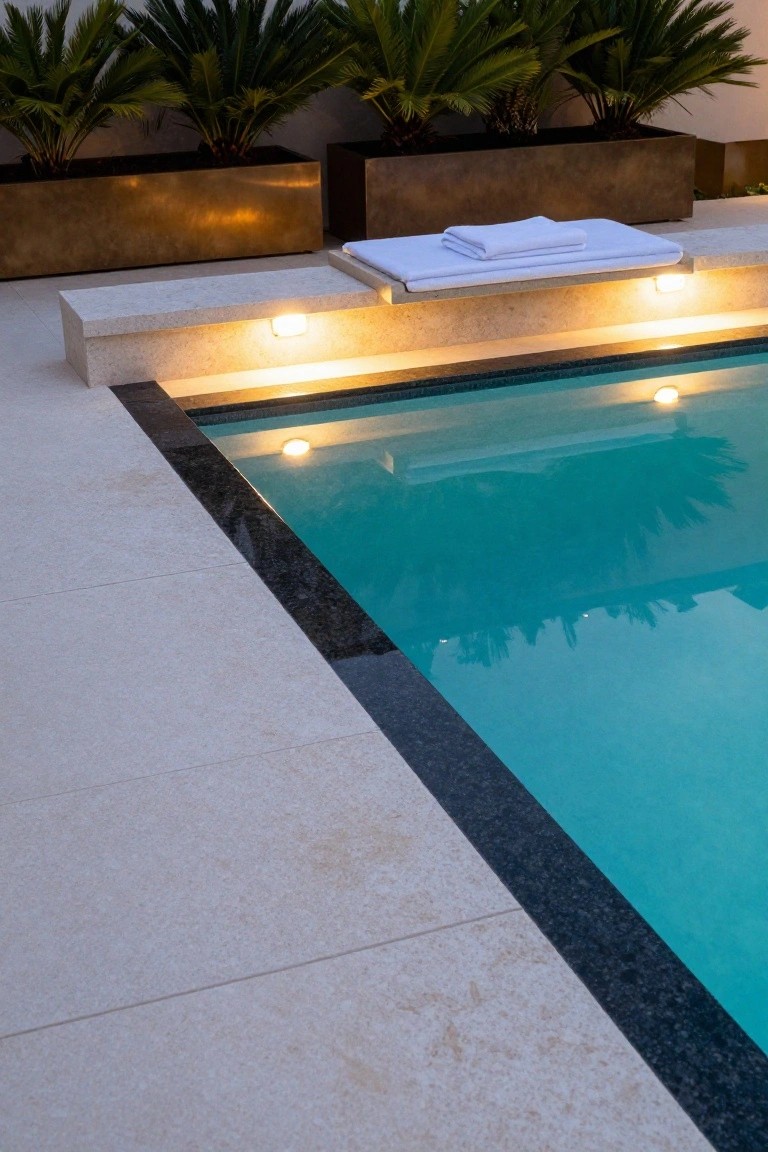 Pool deck with light beige stone paving edged in black stone around turquoise pool water, bronze planters holding palm plants, stone bench with white towels, and underwater lights.