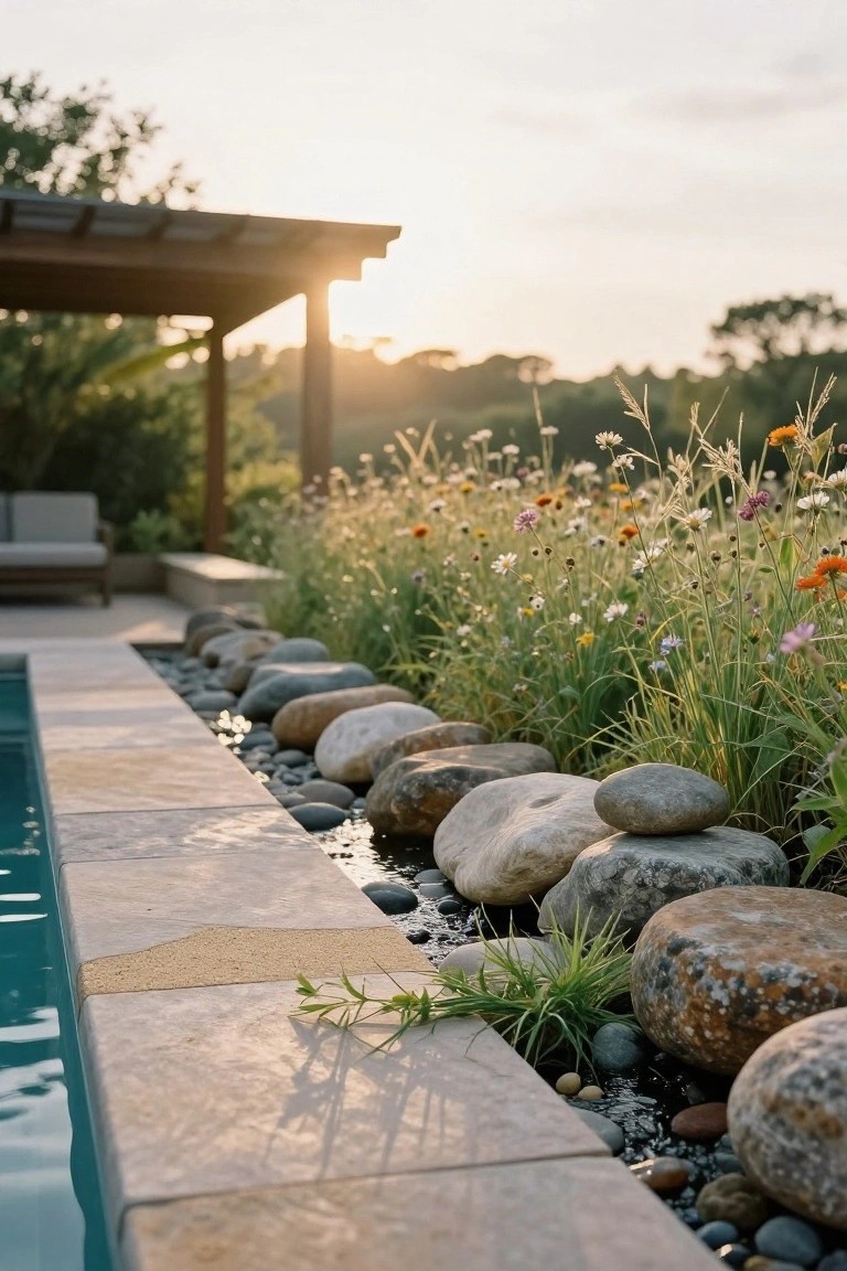 Pool deck tiled in beige stone edged with large rounded boulders, smaller pebbles, and wildflowers including orange cosmos and grasses, beside turquoise pool water at sunset.