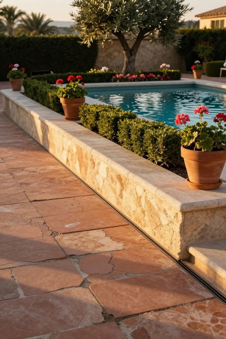 Low beige stone wall edging a pool deck, topped with boxwood hedges and terracotta pots of red geraniums, with blue pool water and distant landscaping.