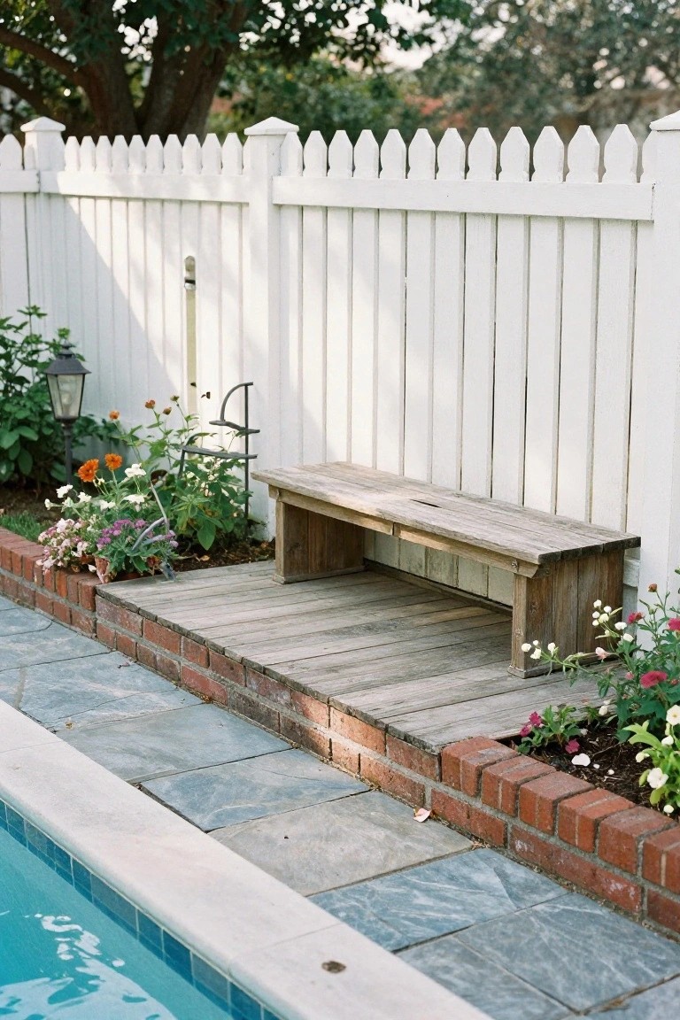 Pool deck with gray slate pavers bordered by low red brick edging, wooden bench on raised platform against white picket fence, and small flowering plants along the edge.