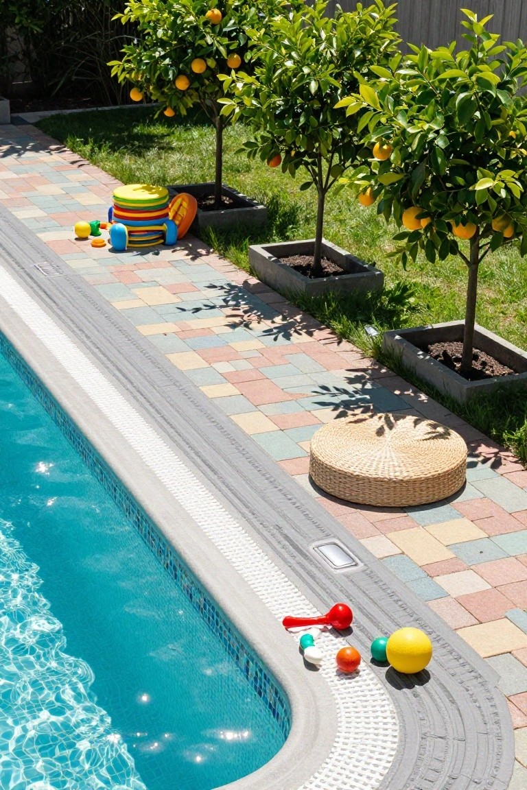 Swimming pool with white tiled edging next to multicolored patterned pavers, potted orange trees, woven stool, and scattered pool toys on a sunny deck.