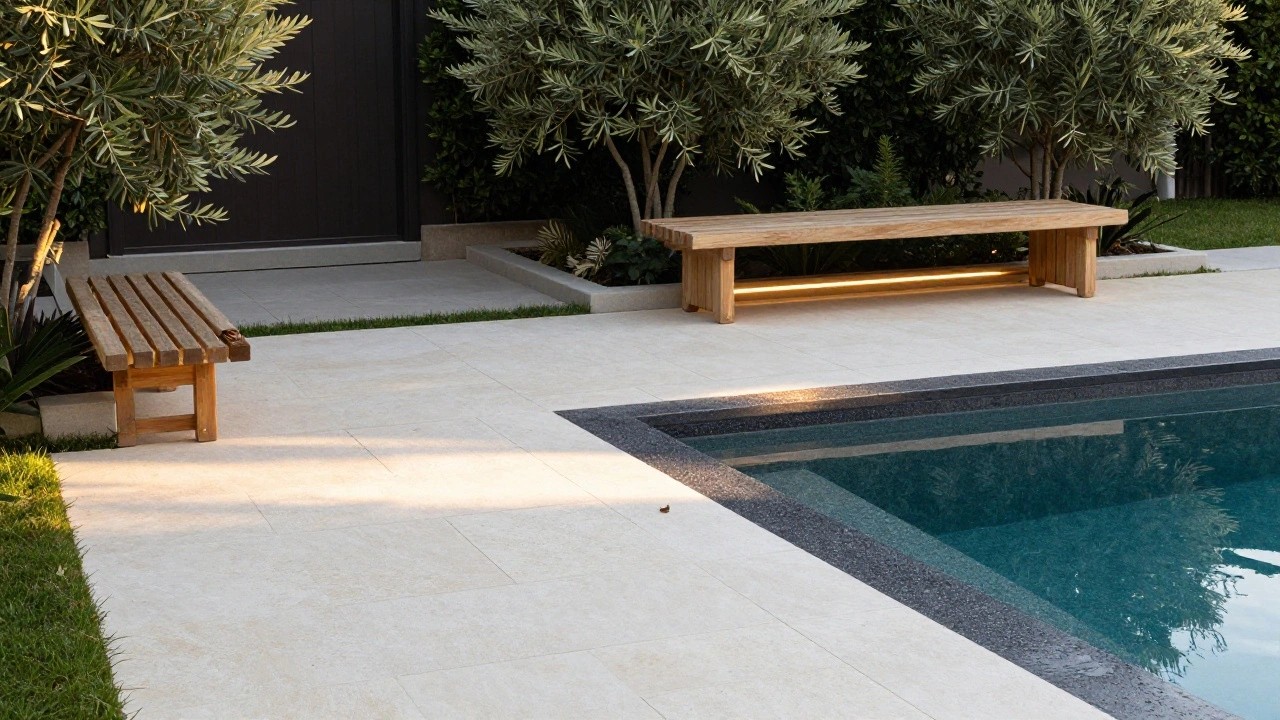 Light beige stone paver pool deck with thin grass strips forming a grid pattern, wooden slatted bench with yellow LED underlighting against a white stucco wall, turquoise pool with black pebble edge, olive trees and agave plants in background.