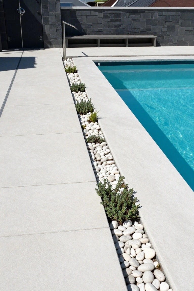 Narrow concrete pool deck edged by a linear planter strip containing white pebbles and green succulents, next to turquoise pool water.