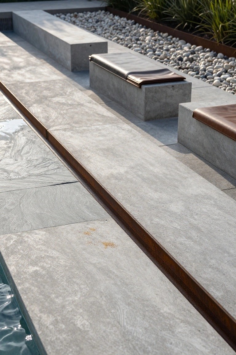 Gray concrete pool deck edged by slim rusted metal strips separating it from white pebble beds and pool water, with built-in concrete benches cushioned in brown leather.