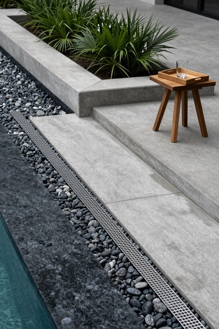 Gray concrete pool deck with black pebble-filled metal grate drain along the edge next to teal pool water, raised concrete planters with green palm plants, wooden tripod stool with tray and glass, and steps nearby.