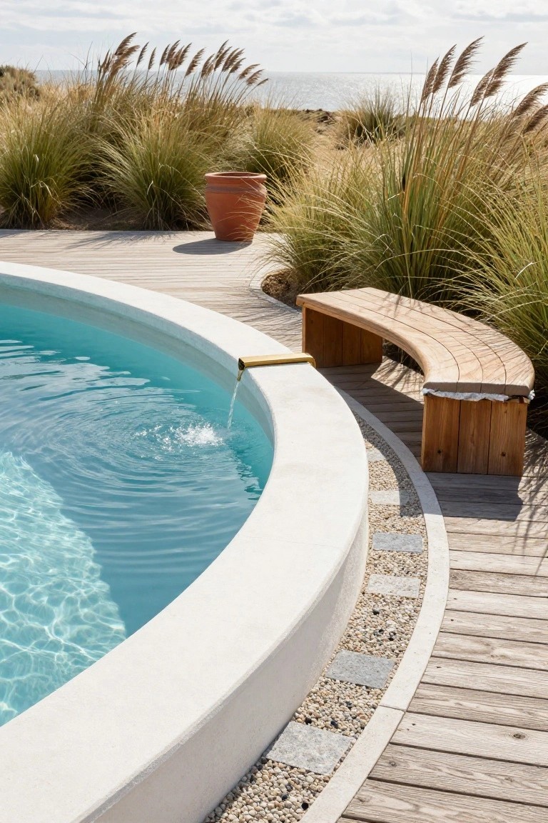 Curved white pool with turquoise water and golden fountain spout, bordered by pebbles and stone slabs next to wooden decking, curved wooden bench, beach grasses, terracotta pot, and ocean view in background.