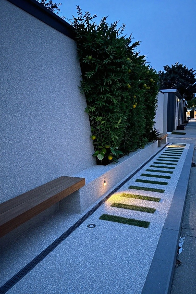 Outdoor concrete pathway with rectangular green grass inserts resembling piano keys, alongside a light gray wall topped with lemon trees, wooden bench, and low lighting at dusk.