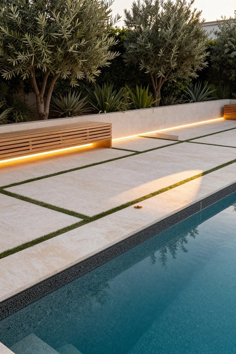 Light beige stone paver pool deck with thin grass strips forming a grid pattern, wooden slatted bench with yellow LED underlighting against a white stucco wall, turquoise pool with black pebble edge, olive trees and agave plants in background.