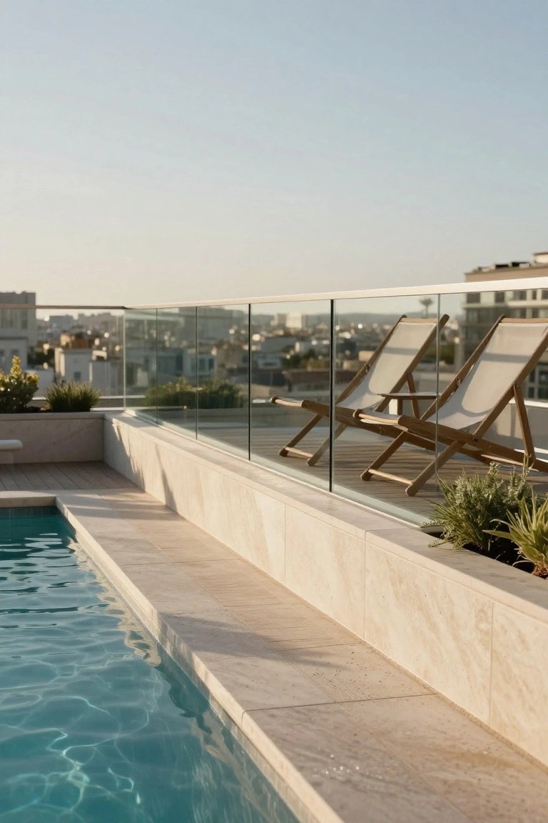 Rooftop infinity-edge pool with raised light beige stone edging along one side, wooden decking, two white canvas loungers, glass railing, potted plants, and urban skyline view at sunset.