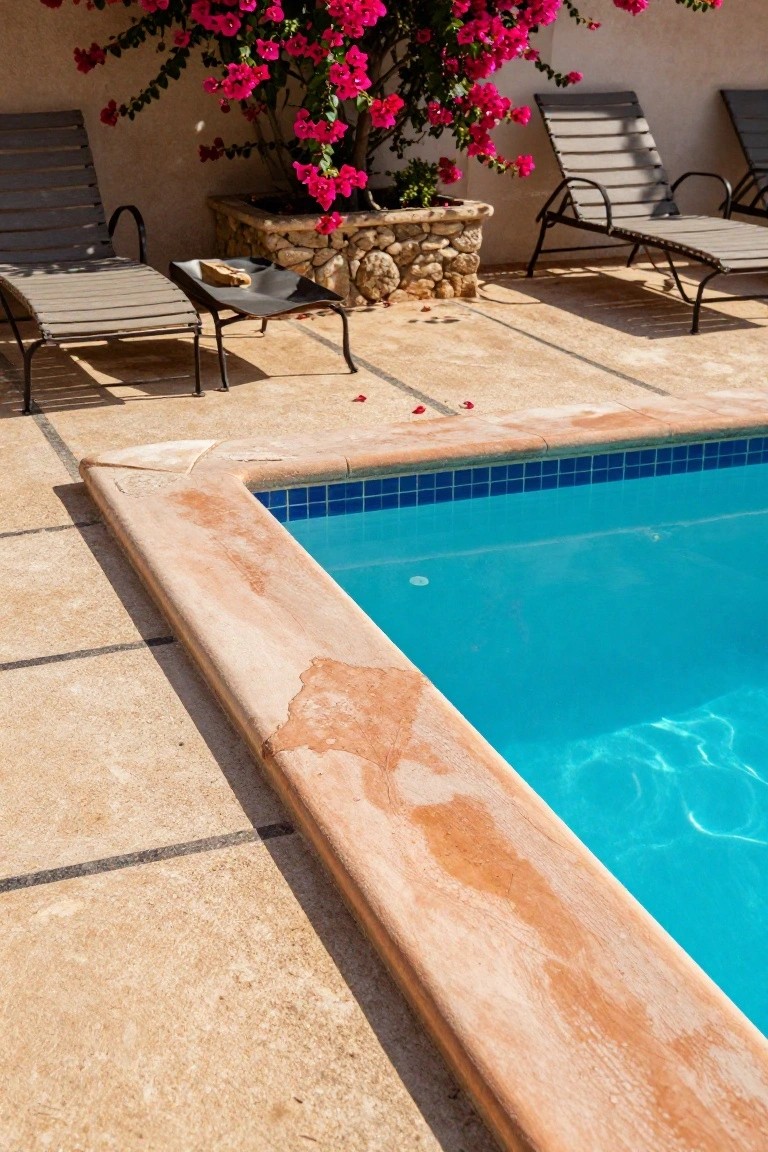 Close-up of a swimming pool edge with textured beige terracotta coping, bright blue tiled water, gray lounge chairs on a stone deck, and a large pink bougainvillea plant nearby.