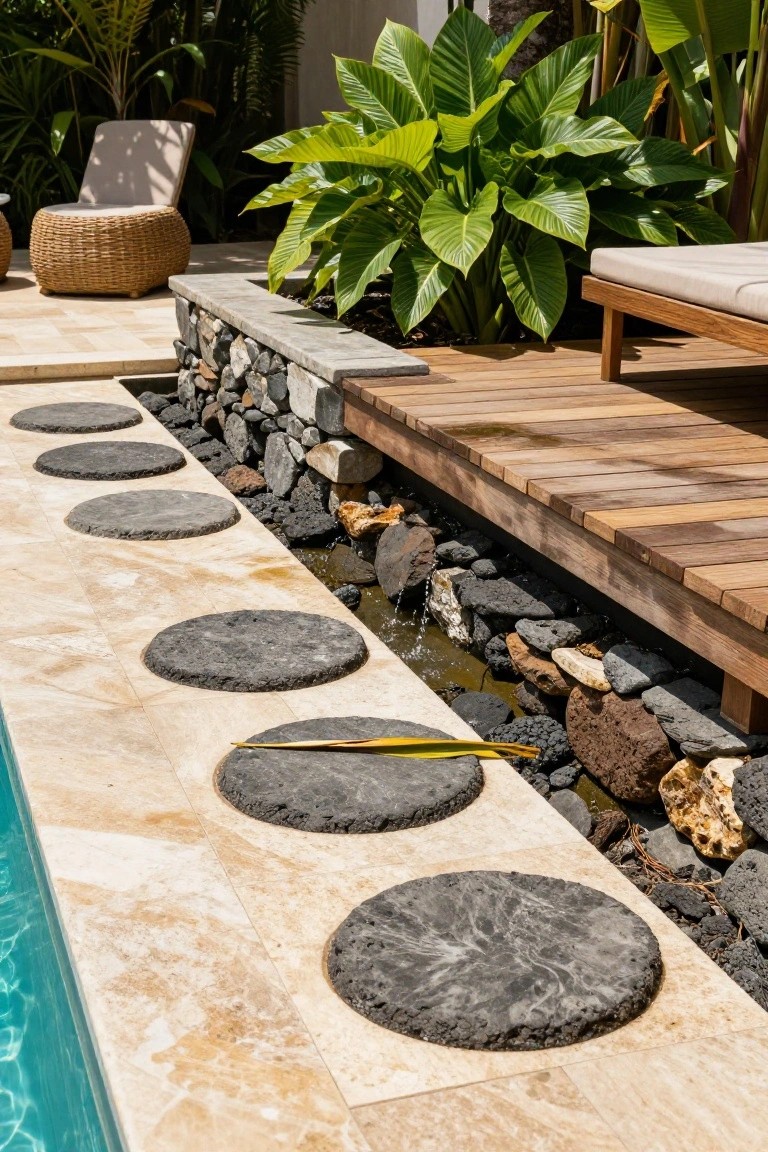 Pool deck edged by circular dark gray stepping stones embedded in light beige travertine tiles next to turquoise pool water, with a narrow rock-lined water channel and wooden platform nearby.